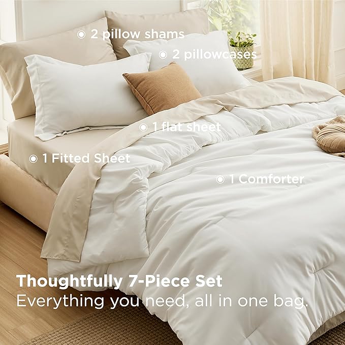 Bedsure Queen Comforter Set - 7 Pieces White Queen Bedding Set for All Seasons, Boho Contrasting Design Bed in a Bag with Comforter, Sheets, Pillowcases & Shams