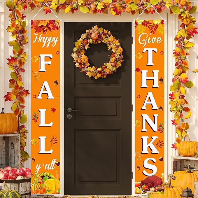Fall Decorations for Home Happy Fall & Give Thanks Porch Banner Pumpkin Maple Leaves Door Welcome Signs for Autumn Harvest Thanksgiving Decorations Decor Indoor Outdoor