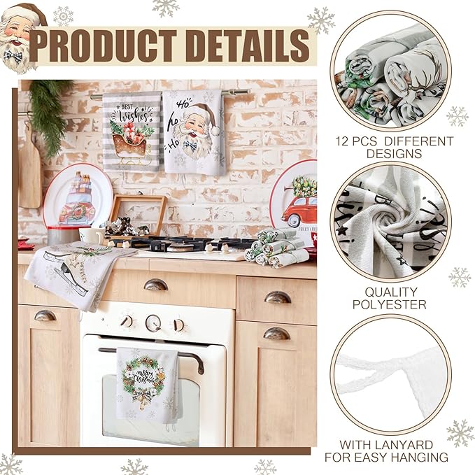 12 Pcs Christmas Kitchen Towels and Dishcloths Absorbent Christmas Tree Reindeer Truck Hand Dish Towels Decoration for Xmas Home Gift Supplies, 14.2 x 21.3 Inch(Stripe Style)