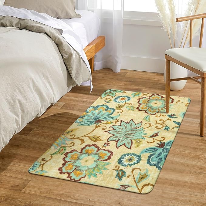 Lahome Floral Entryway Rug - 2x3 Small Throw Bedroom Rugs Non-Slip Washable Kitchen Rugs Beige Paisley Print Bathroom Mat Accent Distressed Doormat Floor Carpet for Laundry Room Living Room Office