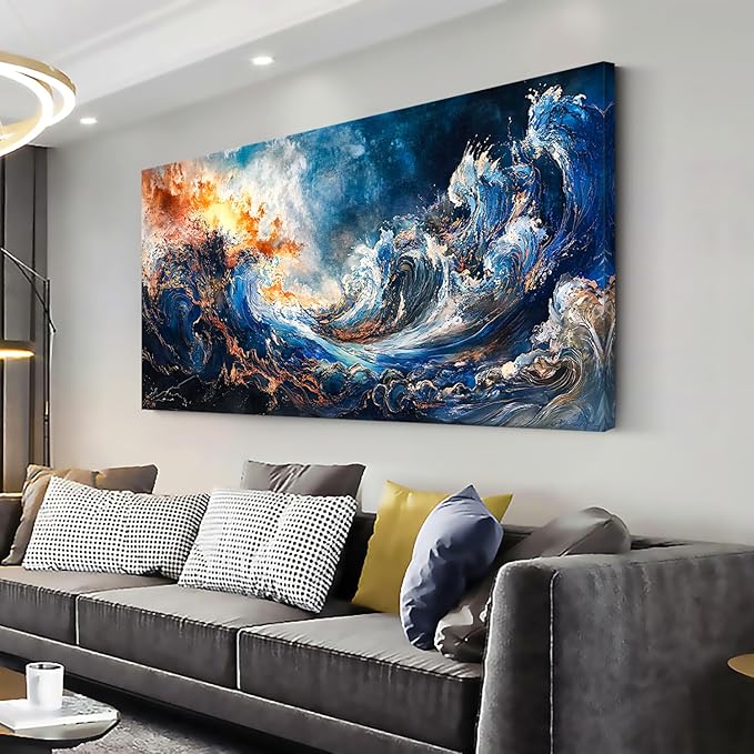 ZESTFLICKR Wall Art of Ocean Wave Abstract Canvas Blue Print Modern Artwork Pictures Magnificent for Living Room Bedroom Home Office Kitchen Decor (20x40 inches)