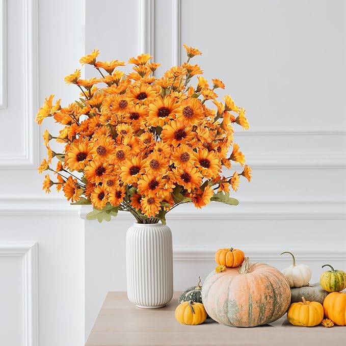 Sggvecsy 8 Bundles Artificial Fall Flowers Faux Mums Fake Silk Orange Daisy Bulk UV Resistant Plants Floral Arrangement for Indoor Outdoors Garden Home Wedding Thanksgiving Autumn Decor