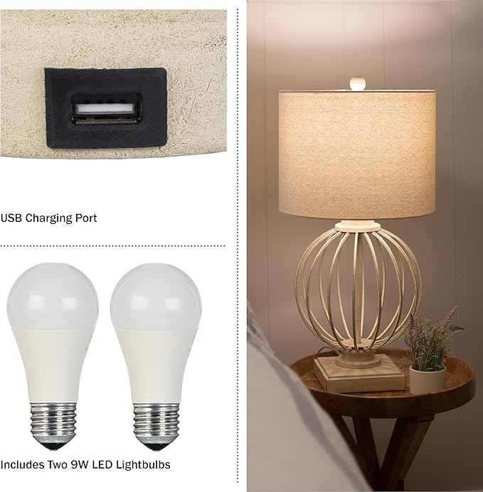 Lavish Home Set of 2 Table Lamps - Modern Lamps with USB Charging Ports and LED Bulbs - for Living Room, Office, or Bedroom Decor (Sand)