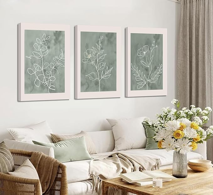 3Pcs Sage Green Botanical Wall Art Line Drawing Floral Canvas Poster Prints Modern Abstract Minimalist Picture Neutral Boho Artwork Simple Painting Wall Decor for Living Room Bedroom 16X24in Framed