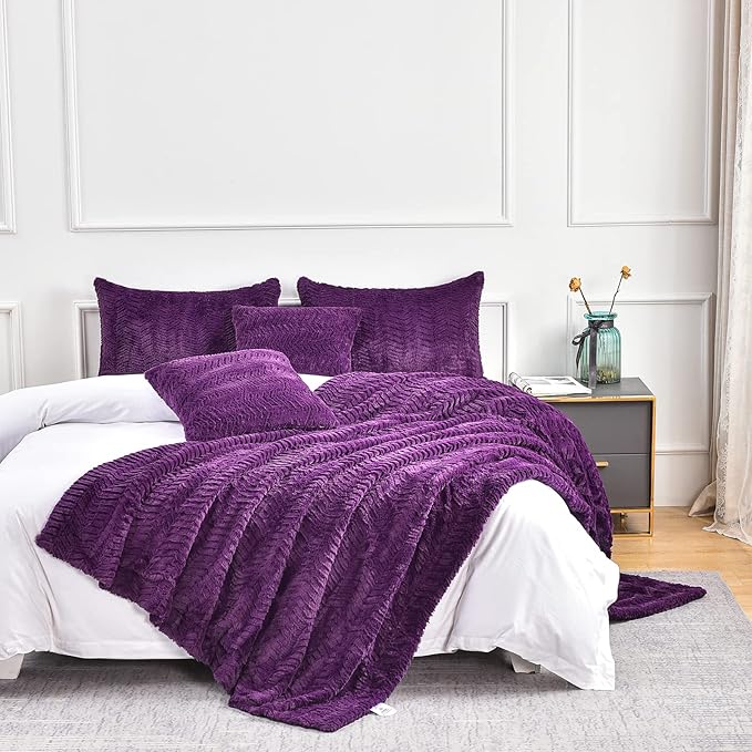 YUSOKI Luxury Faux Fur Throw Blanket(Without Pillows) 2 Layers,3lb,All Ages,Home Decoration, (Purple,50" x 63")
