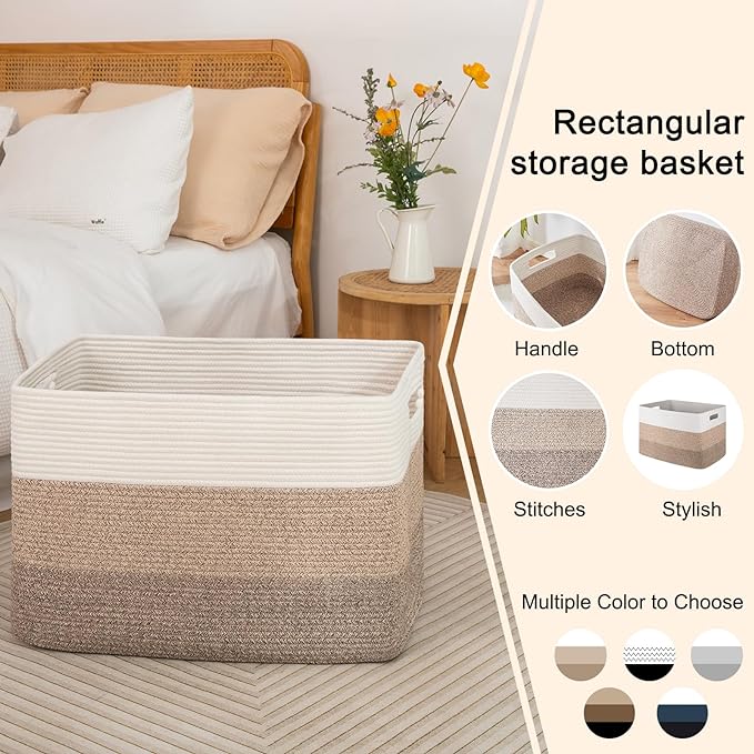 OIAHOMY 108L Large Cotton Rope Basket, Rectangle Woven Baskets for Storage, Nursery Blanket Storage Living Room, Toy Basket With Handle-25”x16”x16”-Gradient Yellow