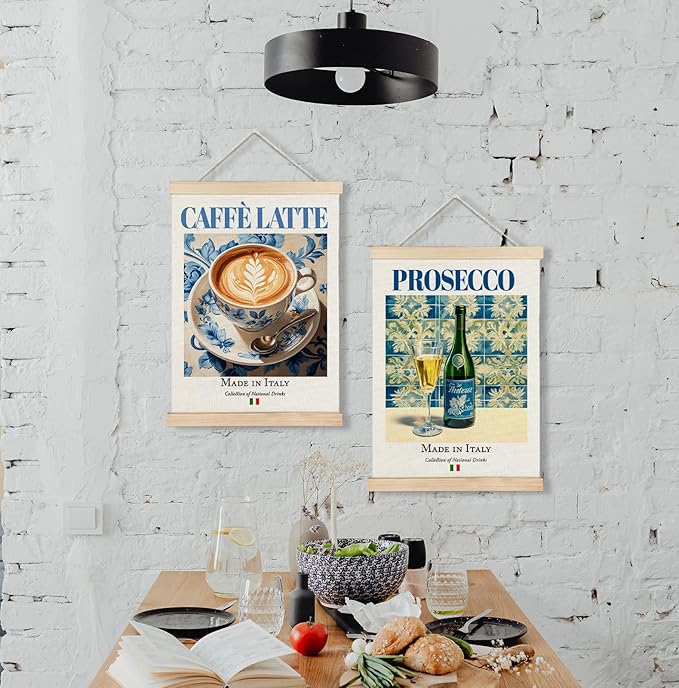 Yomisex Italy Caffè Latte Prosecco Wall Art Poster, Traditional Italian Beverage on Maiolica Tiles Canvas Prints Wall Art Framed for Kitchen Coffee and Wine Bar Decor, 12x16 Inch Set of 2