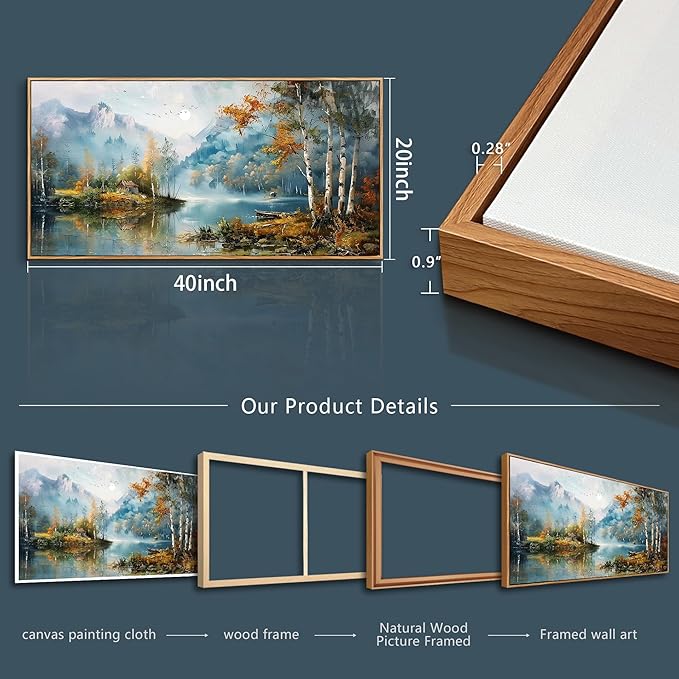 ZUITINGHUA Wood Framed Canvas Wall Art For Living Room Wall Decor For Bedroom Office Wall Decoration Lake View Painting Tree Forest Pictures Artwork Room Aesthetic Home Decor Ready To Hang 20x40 In
