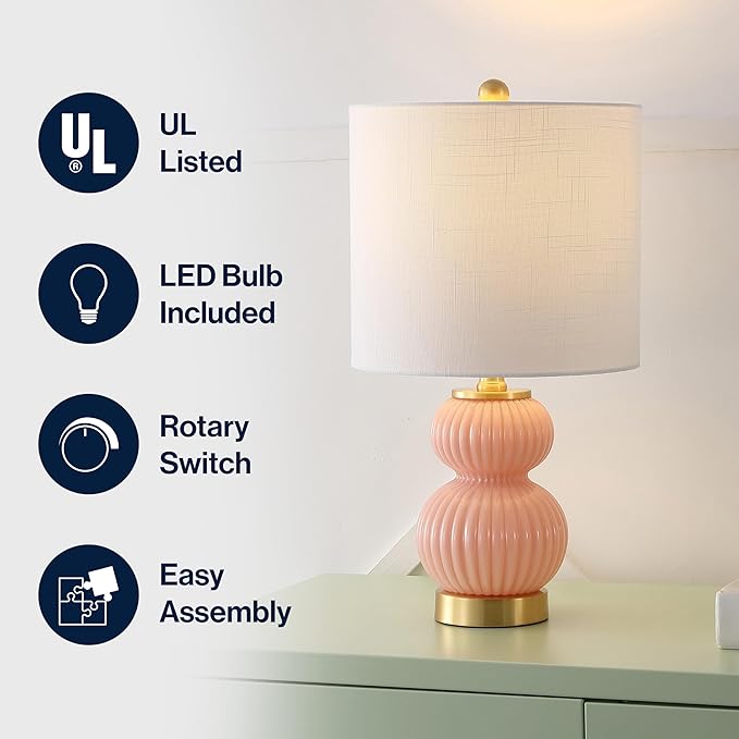 JONATHAN Y JYL1099B Daphne 20" Contemporary Transitional Metal/Glass Ribbed Gourd LED Table Lamp Bedroom, Living Room, Office, Dining Room, Pink/Brass Gold