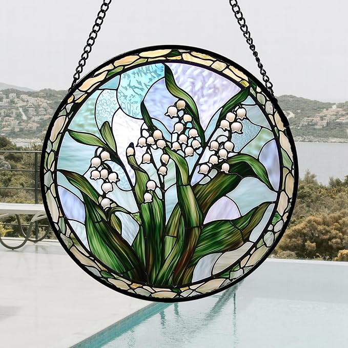 Stained Glass Window Hanging, White Green Lily of The Walley Flowers Sun Catcher for Door Home Decor Plants Suncatcher Christmas Mother's Day Birthday Gifts for Women Men Mom Nana 7.8 in