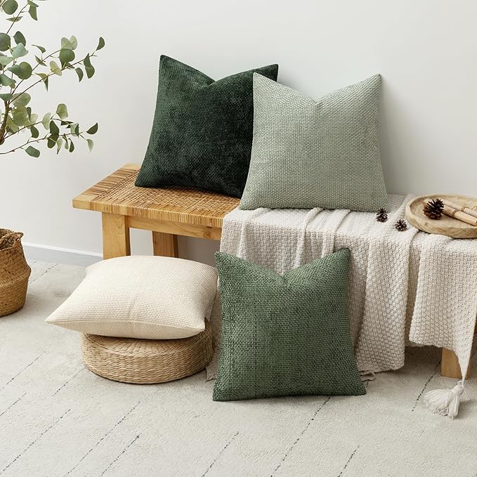 MIULEE Pack of 4 Couch Throw Pillow Covers 20x20 Inch Neutral Green Soft Decorative Chenille Pillow Covers Farmhouse Accent Cushion Covers for Boho Home Decor Spring Sofa Bedroom Living Room