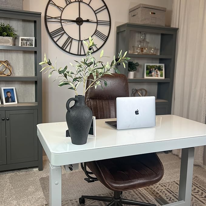 Luxurious Gift Set Textured Ceramic Vase 10 Inch with Olive Branches 22 Inch Tall Black Medium Vase Artificial Topiaries Fake Plants, Minimalist Shelf Decor, Neutral Home Office High End Gifting Decor