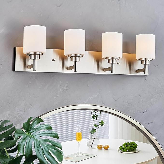 Bathroom Vanity Light Fixture, Brushed Nickel | 32 Inch 4 Lights, White Glass Shade, Vanity Lights for Bathroom, Living Room, Bedroom, Farmhouse