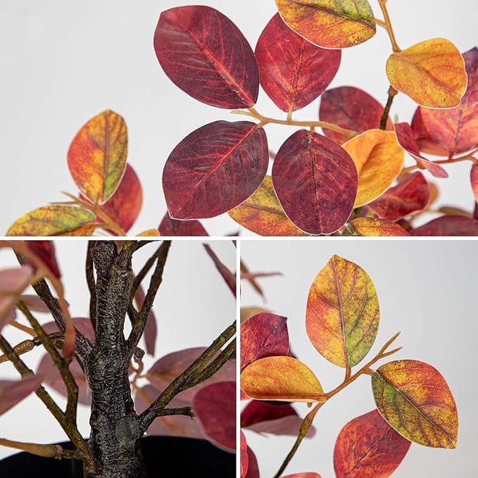 Briful 18.5" Fake Fall Eucalyptus Tree in Black Pot, Autumn Small Artificial Tree with Realistic Red Orange Leaves Faux Plants Indoor for Home Office Room Tabletop Mantel Thanksgiving Decor