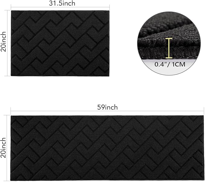 hicorfe Kitchen Runner Rug and Mats Sets,2 Pieces Super Absorbent Polypropylene Non-Slip Rug,Soft Comfort Floor Mat,Washable for Kitchen,Hallway,Office,Sink,Laundry(20" x 31.5" Plus 20" x 59",Black)