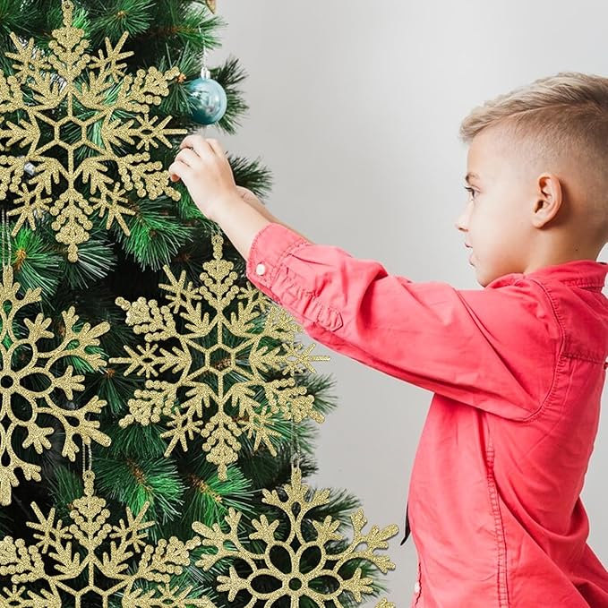 12pcs Large Christmas Snowflakes Decorations, 12" Big Plastic Glitter Gold Snowflake Ornaments for Winter Indoor Outdoor Christmas Tree Holiday Window Room Decor Craft Snowflakes