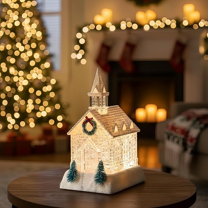 Christmas Lighted Church Water Lantern Snow Globe with Evergreens and Wreath, USB Lined/Battery Operated Lighted Lantern for Christmas Festival Decoration Gifts