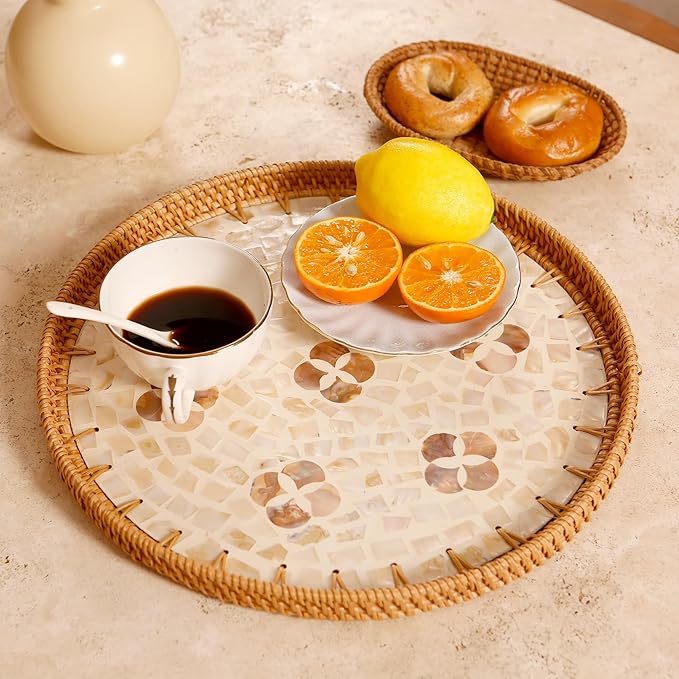 Round Rattan Tray with Mother of Pearl Inlay & Wooden Base - Decorative Wicker Serving Tray for Coffee/Bread/Fruits, Food Storage & Display - Multipurpose Home Decor (L,Four-Petal Flower)