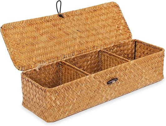 Nonam Seagrass Storage Small Basket with Lid - 3-Section Divided Organizer for Tea,Sugar,Coffee,Tampons - Woven Shelf Bin for Closet, Toilet Tank - Rectangular Narrow Boho Basket Home Decor
