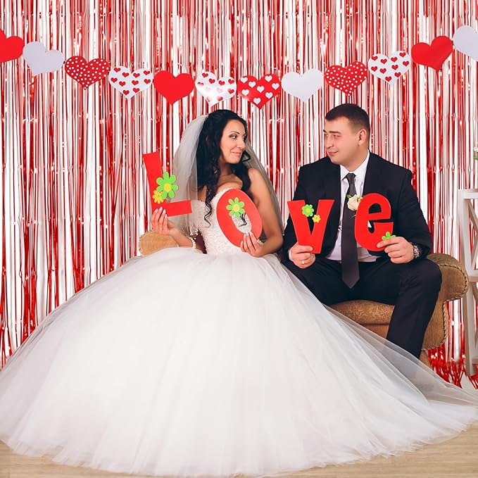 Red Foil Fringe Curtain Party Decorations, Melsan 3.2 x 8 ft Metallic Tinsel Curtains Streamer Backdrop for Christmas, Birthday, Anniversary, Valentine's Day Party Decorations, Pack of 2