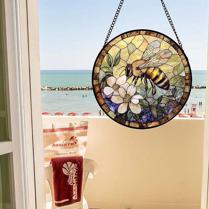 Stained Glass Window Hanging, Vintage Bee Yellow Flower Sun Catcher for Window Door Home Decor Suncatcher Christmas Mother's Day Birthday Gifts for Women Men Mom and Nana 6.3 in