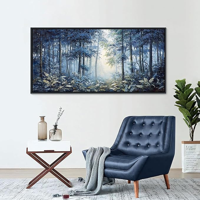 Forest Canvas Wall Art for Living Room - Navy Blue Bedroom Wall Art, Landscape Pictures Wall Decor, Forest Painting, Framed Nature Tree Artwork Walls 24×48IN
