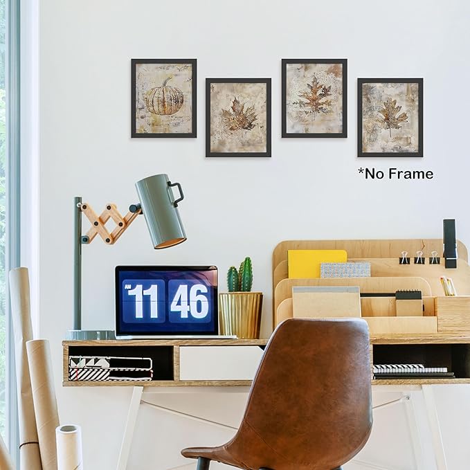 TLESKE Vintage Fall Leaves Pumpkin Posters Prints Unframed 8x10 Set of 4, Autumn Rutsic Maple Oak Leaf Wall Art Prints Decor for Farmhouse Bedroom Living Room, Thanksgiving Wall Pictures