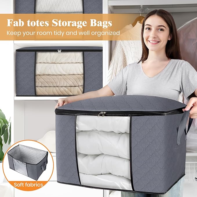 Fab totes 90L Clothes Storage, Foldable Thick Fabric Blanket Storage Bags, Containers for Organizing Bedroom, Closet, Clothing, Comforter, Organization with Handle (8 Pack,Grey)