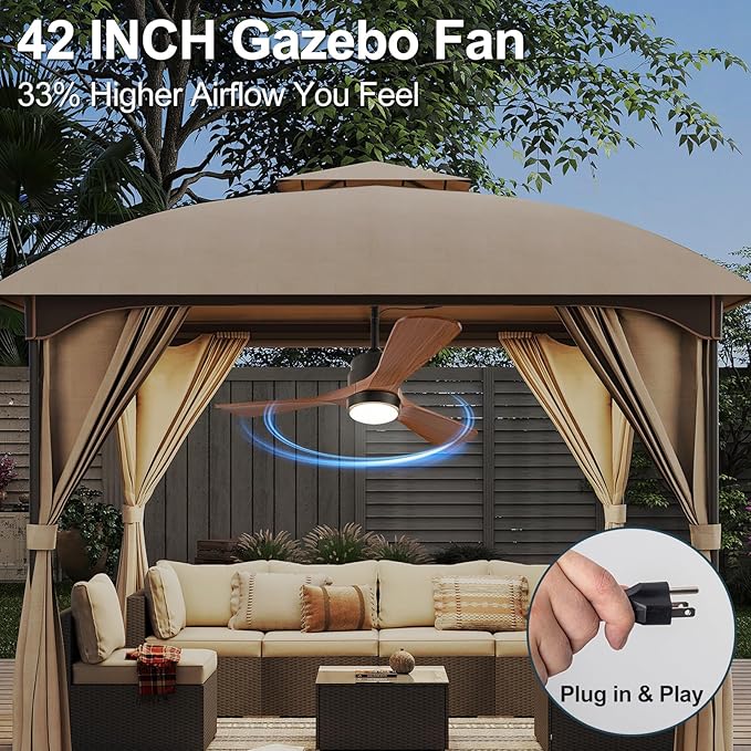 42 inch Gazebo Ceiling Fans Outdoor Hanging Waterproof, Wet Rated Oudoor Ceiling Fans for Patios with Light, 6 Speed Remote, Plug in Cord Outlet Hook for Outside Porch, Pergola, Garage-Wulnut