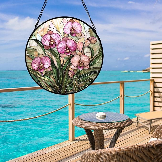Stained Glass Window Hanging - Pink Phalaenopsis Orchid Green Leaves Sun Catcher for Door Home Decor Flower Suncatcher Christmas Mother's Day Birthday Gifts for Women Men Mom Nana 15 in