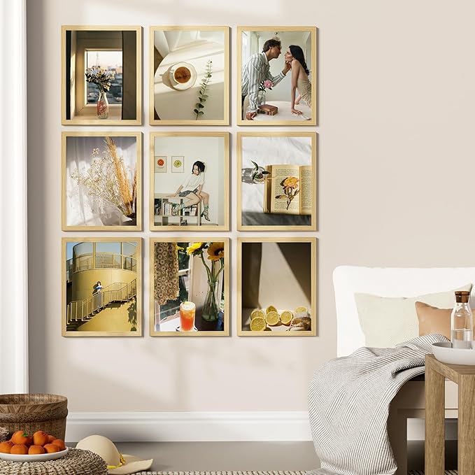 Vittanly 11x14 Picture Frames Set of 9, Shatter Resistant Plexiglass, Display 8x10 Pictures with Mat or 11x14 without Mat, Photo Frames for Wall or Tabletop, Engineered Wood, OAK