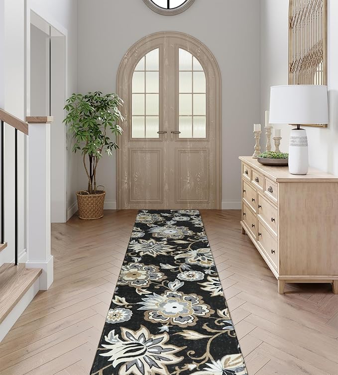 Lahome Floral Black Rug Runner - Runner Rug for Hallway 2x10 Non-Slip Stain Resistant Washable Runner Rugs for Kitchen Floor, Paisley Print Accent Ultra-Thin Carpet Runners for Bedroom Foyer Entryway