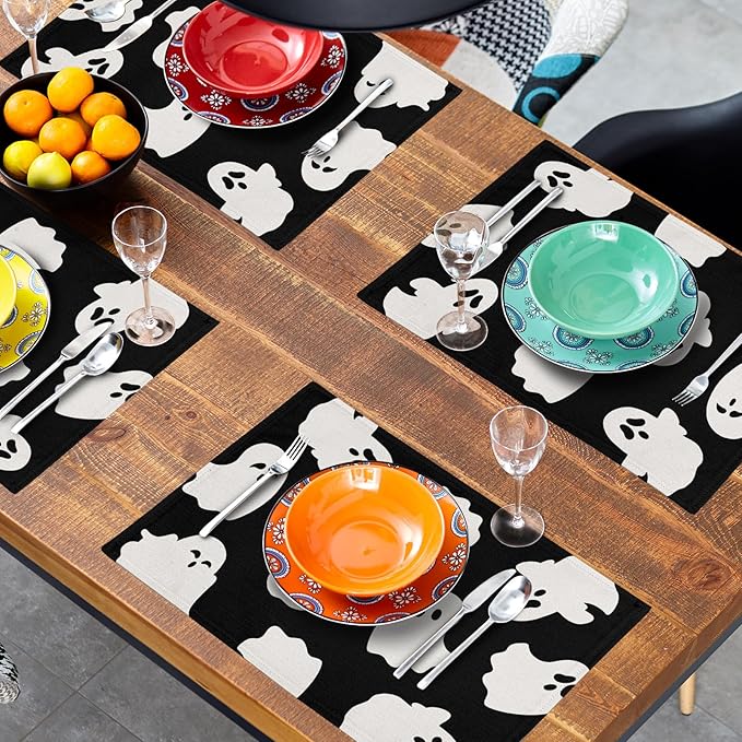 Halloween Placemats 12×18 Inches Set of 4 Cute Ghosts Seasonal Holiday Indoor Kitchen Dining Table Place Mats for Home Party Decoration