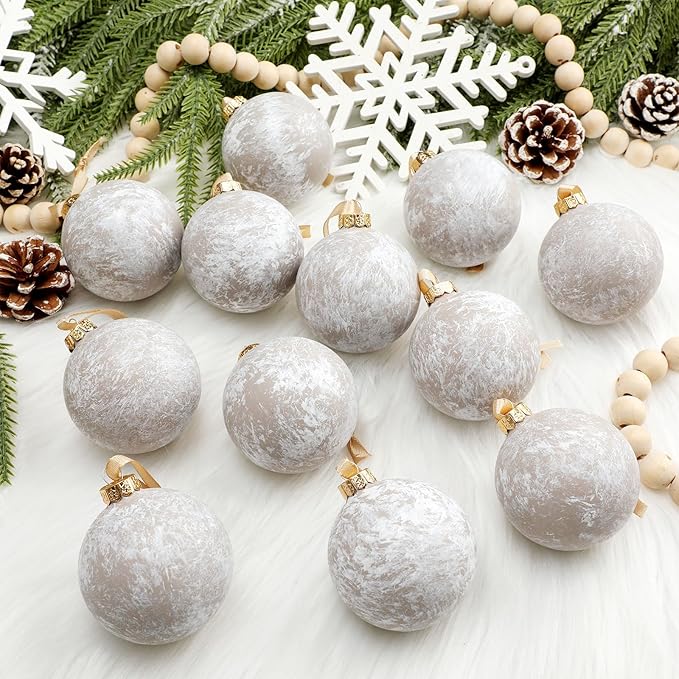 12 Pcs Neutral Textured Christmas Ball Ornaments 2.36'' Vintage Christmas Tree Decor Modern Rustic Brown Ornaments with Loop Shatterproof Hanging Ball for Xmas Farmhouse Decor (Beige)
