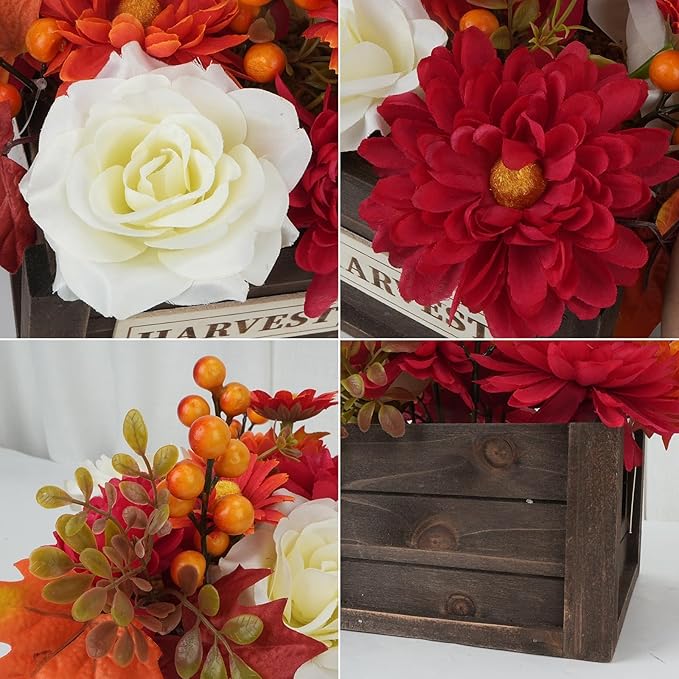 Fall Centerpieces for Tables Decor Fall Flowers Wooden Pot with Lights for Dining Room Farmhouse Kitchen Coffee Table Decorations with Artificial mums Centerpieces Fall Decor