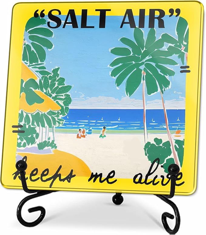 Salt Air Keeps Me Alive Acrylic Sign With A Metal Support -4x4" Seasonal Beach & Palm Tree Tabletop Acrylic Plaque - Home Desk Office Shelf Aesthetic Display Art Decoration & Favors For Women Men - A03