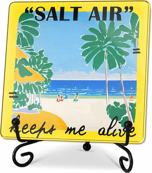 Salt Air Keeps Me Alive Acrylic Sign With A Metal Support -4x4" Seasonal Beach & Palm Tree Tabletop Acrylic Plaque - Home Desk Office Shelf Aesthetic Display Art Decoration & Favors For Women Men - A03