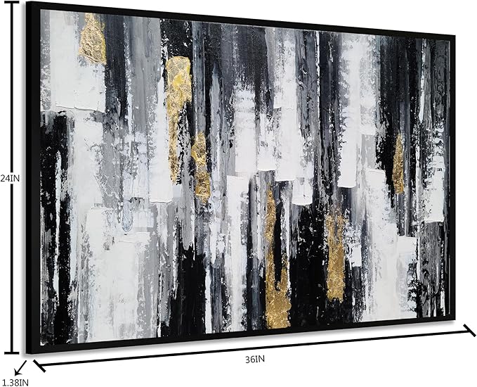 Yihui Arts Framed Black and White Hand Painted Canvas Wall Art with Gold Foil