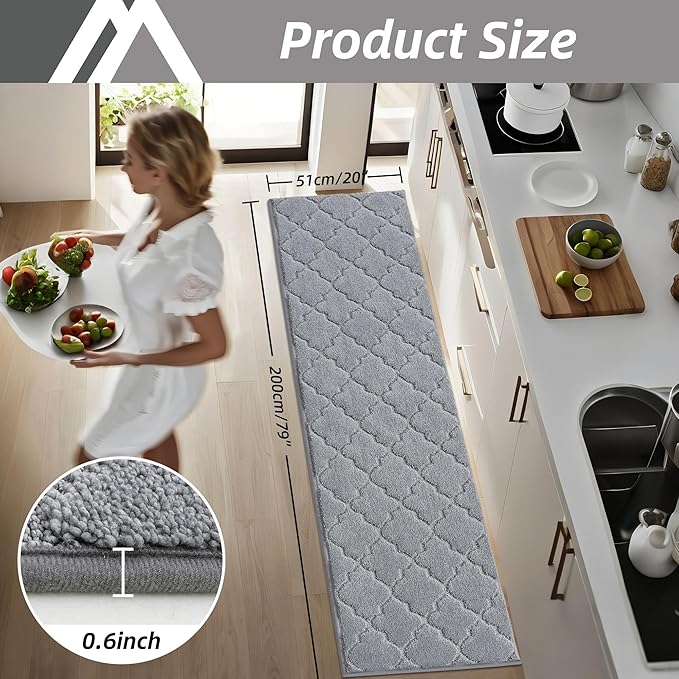 COSY HOMEER Soft Kitchen Floor Mats for in Front of Sink Super Absorbent Kitchen Rugs and Mats 20"x79" Non-Skid Kitchen Mat Standing Mat Washable,Polyester,Grey