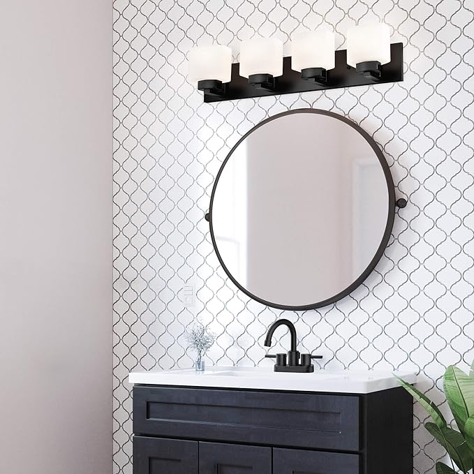Design House 588426 Dove Creek Vanity Light Dimmable with Frosted Glass for Above Bathroom Mirror, Matte Black, 4-Light