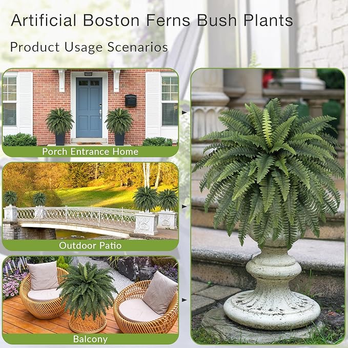 42" Artificial Boston Fern Large Bush Plants, 2 Bundles of Fake Ferns with 65 Fronds for Outdoors Home Decor