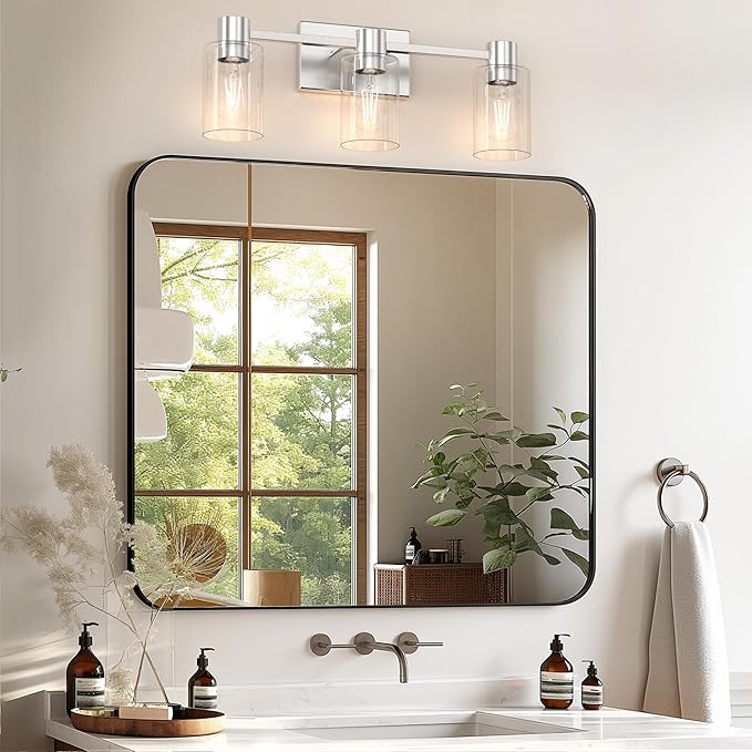 3-Light Brushed Nickel Wall Sconces for Bathroom, Modern Vanity Light Fixtures Over Mirror, Wall Lamp with Clear Glass Shade, E26 Wall Sconces Over Mirror for Bathroom, Living Room, Hallway