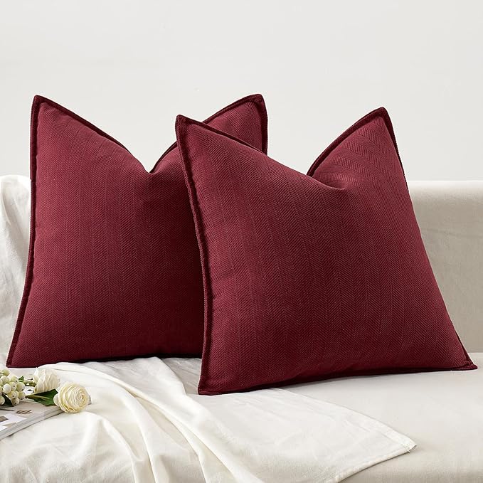 MIULEE Pack of 2 Burgundy Decorative Pillow Covers 18x18 Inch Soft Chenille Luxurious Couch Throw Pillows Farmhouse Cushion Covers with Elegant Design for Sofa Bedroom Living Room Home Decor