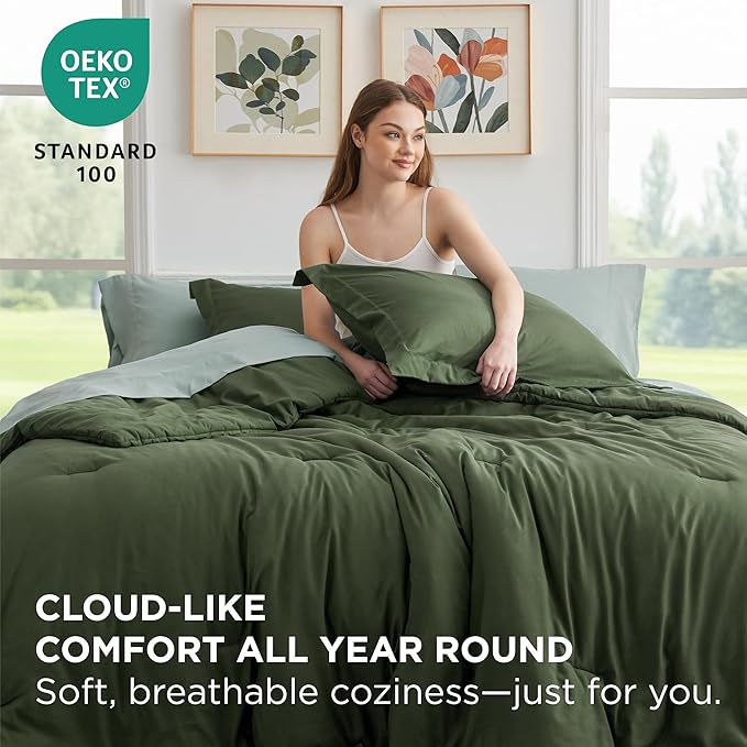 Bedsure Queen Comforter Set - 7 Pieces Olive Green Queen Bedding Set for All Seasons, Boho Contrasting Design Bed in a Bag with Comforter, Sheets, Pillowcases & Shams