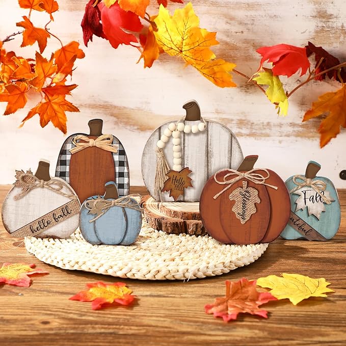 6 Pcs Fall Decorations Modern Rustic Pumpkin Wooden Sign Autumn Farmhouse Pumpkin Block Table Centerpiece Grateful Blessing Tiered Tray Decor for Fall Thanksgiving Home Office Desk Decor