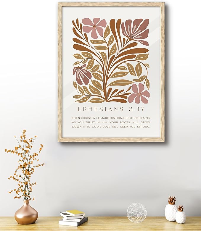 EcoHest Bible Verse Floral Framed Wall Art, Large 16x20 in OAK Wood Abstract Flowers Canvas Wall Art, Ephesians 3:17 Home Decor, Beige Logs Boho Christ Set of 1 for Bedroom Living Room