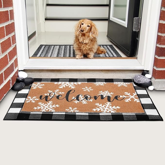 2 Pcs Christmas Welcome Door Mat Winter Snowflake Outdoor Welcome Mats for Front Door Non Slip Winter Coir Floor Mat Black White Check Christmas Rug for Outside Front Porch Entryway Decor