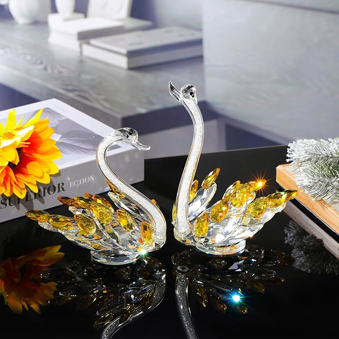 Set of 2 Crystal Golden Swans Anniversary Wedding Gifts for Couple, Glass Swan Figurines Collectibles Valentines Day Presents Keepsake for Parents Home Decor