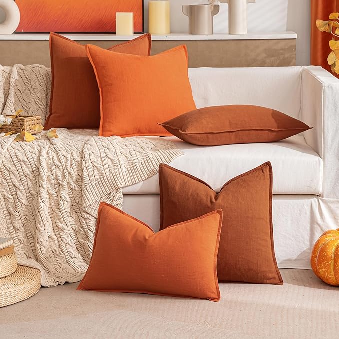 MIULEE Fall Decorative Linen Euro Sham Pillow Covers 26x26 Burnt Orange Boho Farmhouse Neutral Couch Throw Pillows for Bed Pack of 2 Accent Modern Pillowcase Summer Sofa Livingroom Home Decor