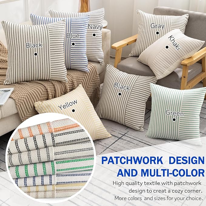 YCOLL Farmhouse Pillow Covers 12x20, Modern Accent Spring Throw Pillow Covers Set of 2, Green Striped Patchwork Linen Decorative Pillows Cushion Covers for Couch Bedroom Summer Home Decor
